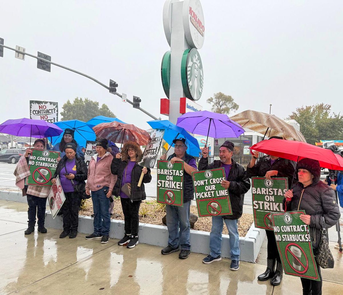 SEIU's tweet image. Today’s strike isn’t just about Starbucks. It’s about a broken system where billionaires &amp;amp; CEOs keep getting richer while the politicians they bankroll gut our wages, healthcare &amp;amp; rights. 

Baristas are fighting for a fair contract and for a more just society. #NoContractNoCoffee