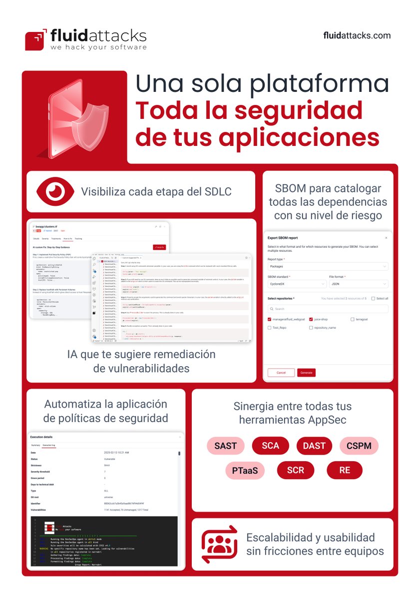 fluidattacks's tweet image. Del caos al control.

Con la solución ASPM de Fluid Attacks, integra SAST, SCA, DAST, CSPM y PTaaS en una solo lugar. Desarrollo y seguridad alineados, con un objetivo en común: crear software seguro.

Pon a prueba tu ecosistema AppSec 🔗  fluidattacks.com/es/platform