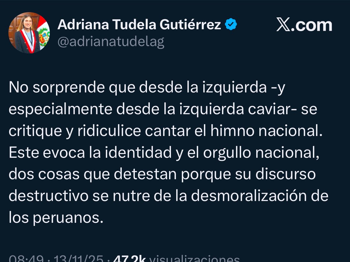 santoschilcano's tweet image. Adriana, tu padre ha cantado cientos de veces el himno nacional, y eso no le impidió ser vicepresidente y bailarín estrella de la dictadura criminal de Fujimori 🤡
Así que no seas palomilla. 
Yo quiero cantar “Somos libres”, pero de sinvergüenzas como ustedes.