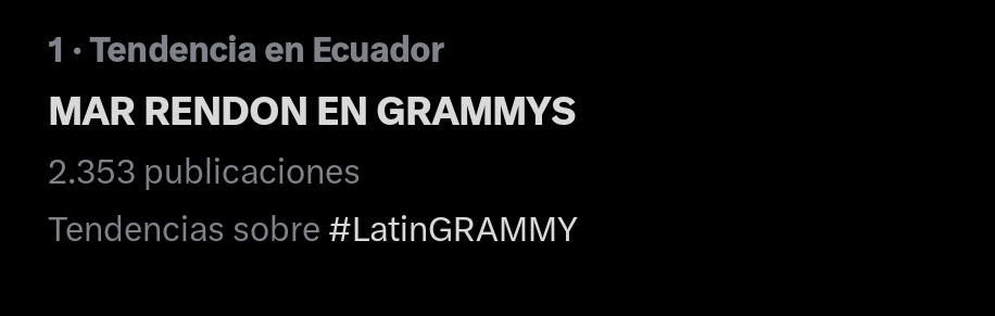 Hoy se celebra triple, 
mar está en los grammy
somos tendencia nro. 1 
Por fin nos sacaron de la categoría deportes jajajaja 
MAR RENDON EN GRAMMYS
#LatinGRAMMY