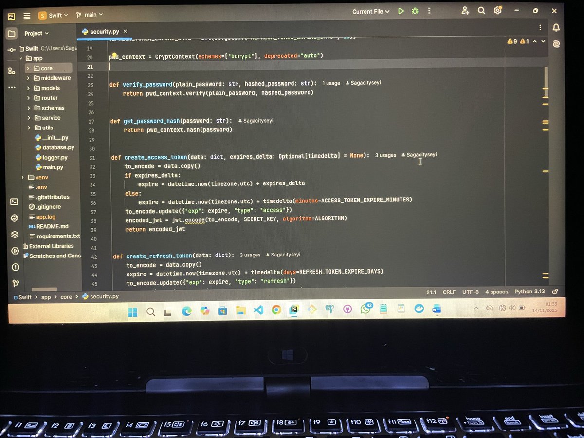 Sagacityseyi's tweet image. DAY 1. 
Building an API for ZikoSwift (might change the name later) I’ll be using #FastAPI, #SQLAlchemy, Postgres. Setting up the file structure and also writing some codes on security using “Bcrypt” for password_hash and also creating access token. They are more into it.