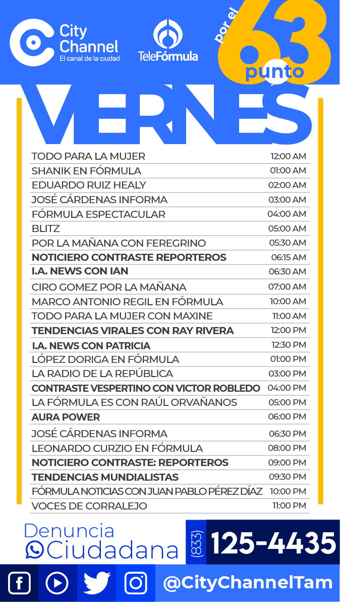 Citychannel_'s tweet image. Te compartimos nuestra programación para este Viernes 14 de Noviembre de 2025
✅ 📡 Sintoniza nuestra señal:
Facebook Live📱
Youtube: 

📺6.3 TV abierta
📺Súper Cable canal 9
📺Cable Sur canal 28.5
📺Cable Pánuco canal 96
📺Canal 14 INBTEL
#CityChannel el canal de la ciudad.🟡