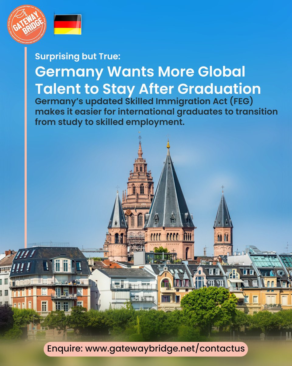 gatewaybridge's tweet image. #FunFactFriday | Germany&apos;s updated Skilled Immigration Act (FEG) is changing the game for global talent, offering international graduates simpler permits, longer job-seeking times, and a clearer path to permanent residency.