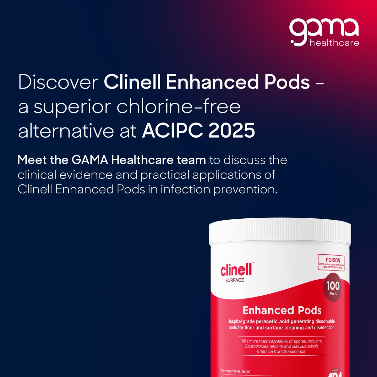 Discover Enhanced Pods at #ACIPC2025 - the only fully sporicidal solution meeting TGA standards that kills 99.9999% of C. difficile, B. subtilis and C. sporogenes spores. 
Visit GAMA Healthcare stand this ACIPC! 
#InfectionPrevention #GAMAHealthcare