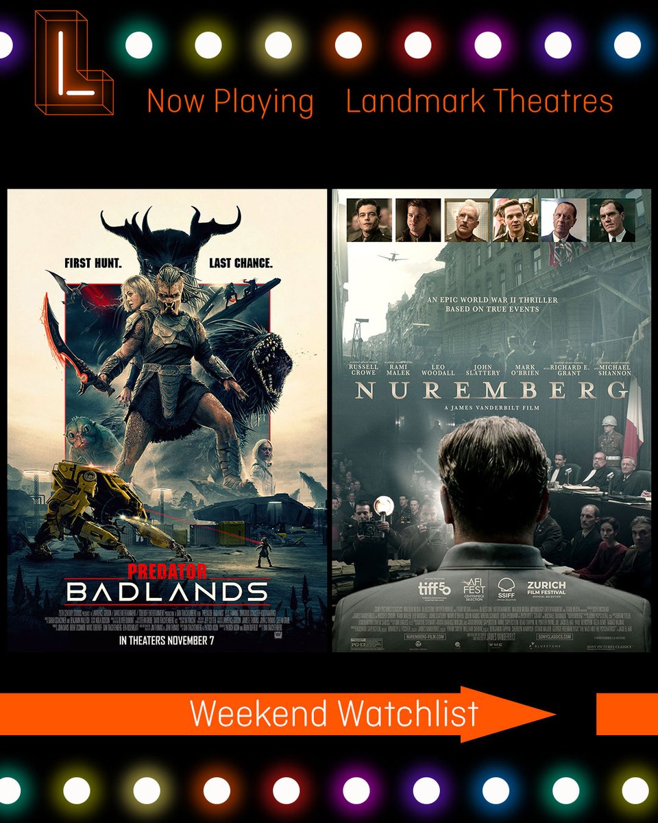 LandmarkLTC's tweet image. Your Weekend Watchlist is here! 🍿
Catch these standout films now playing at Landmark Theatres:
🔥 Predator: Badlands
⚖️ Nuremberg
🚂 Train Dreams
🐞 Bugonia
Grab your tickets and make it a movie weekend!
#LandmarkTheatres #WeekendWatchlist #NowPlaying