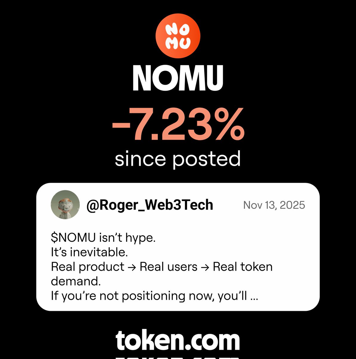 Roger_Web3Tech's tweet image. NOMU is down -7.23% since I called it. Trade it on token.com/ref/vil6zi3m