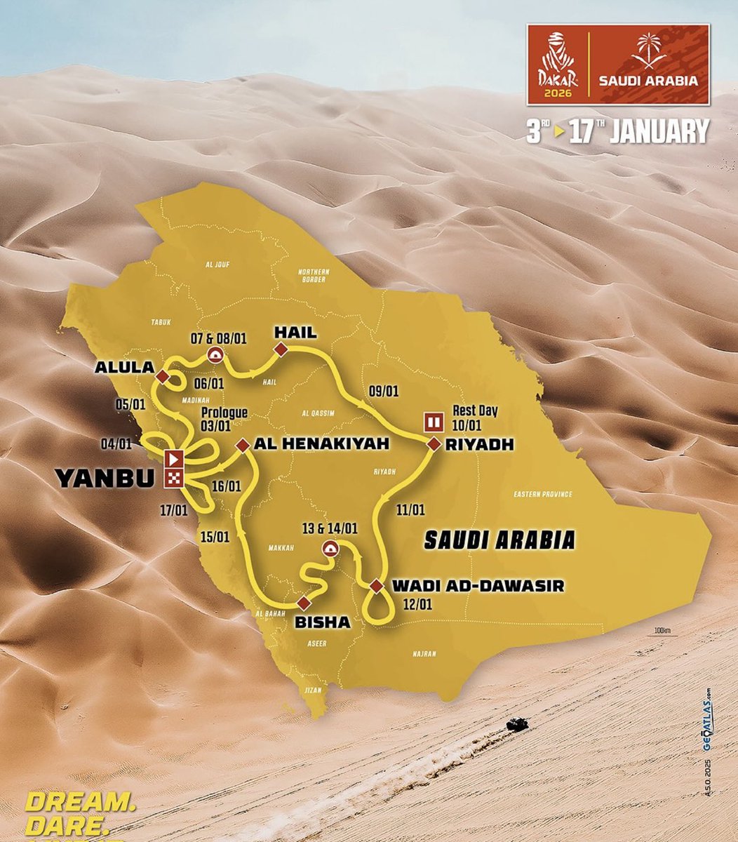 اليوم تم الإعلان عن مسار رالي #داكار_2026

مسار داكار هذا العام واحد من أقوى المسارات في تاريخه، بمراحل تجمع بين التضاريس الوعرة، الكثبان العالية، والمسافات الطويلة التي تختبر دقة السائق وقوة المحركات ، رحلة مليئة بالإثارة، القرارات الحاسمة، ولحظات لا تحتمل الخطأ… هنا يبدأ