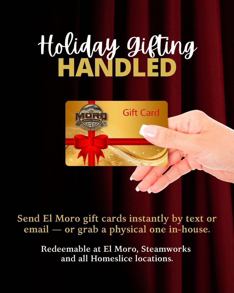 Some gifts sit under the tree — others get poured, plated, and savored. 🍸✨

Make holiday gifting effortless:

🎁 Send El Moro gift cards instantly by text or email
📍 Want a physical card? Pick one up at the restaurant.

Order digital cards here:
buff.ly/I1hTKkI