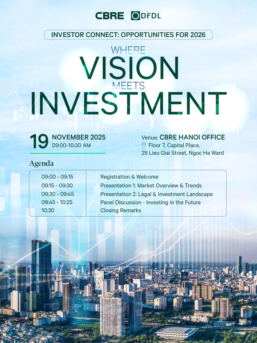 DFDLLegalandTax's tweet photo. We are thrilled to share that DFDL is partnering with CBRE to co-host an exclusive 𝐈𝐧𝐯𝐞𝐬𝐭𝐨𝐫 𝐂𝐨𝐧𝐧𝐞𝐜𝐭: 𝐎𝐩𝐩𝐨𝐫𝐭𝐮𝐧𝐢𝐭𝐢𝐞𝐬 𝐟𝐨𝐫 2026 – 𝐖𝐡𝐞𝐫𝐞 𝐕𝐢𝐬𝐢𝐨𝐧 𝐌𝐞𝐞𝐭𝐬 𝐈𝐧𝐯𝐞𝐬𝐭𝐦𝐞𝐧𝐭 event shortly.

#DFDL #CBRE #Vietnam #RealEstate #Industrial https://t.co/5ZEzeyQGDx