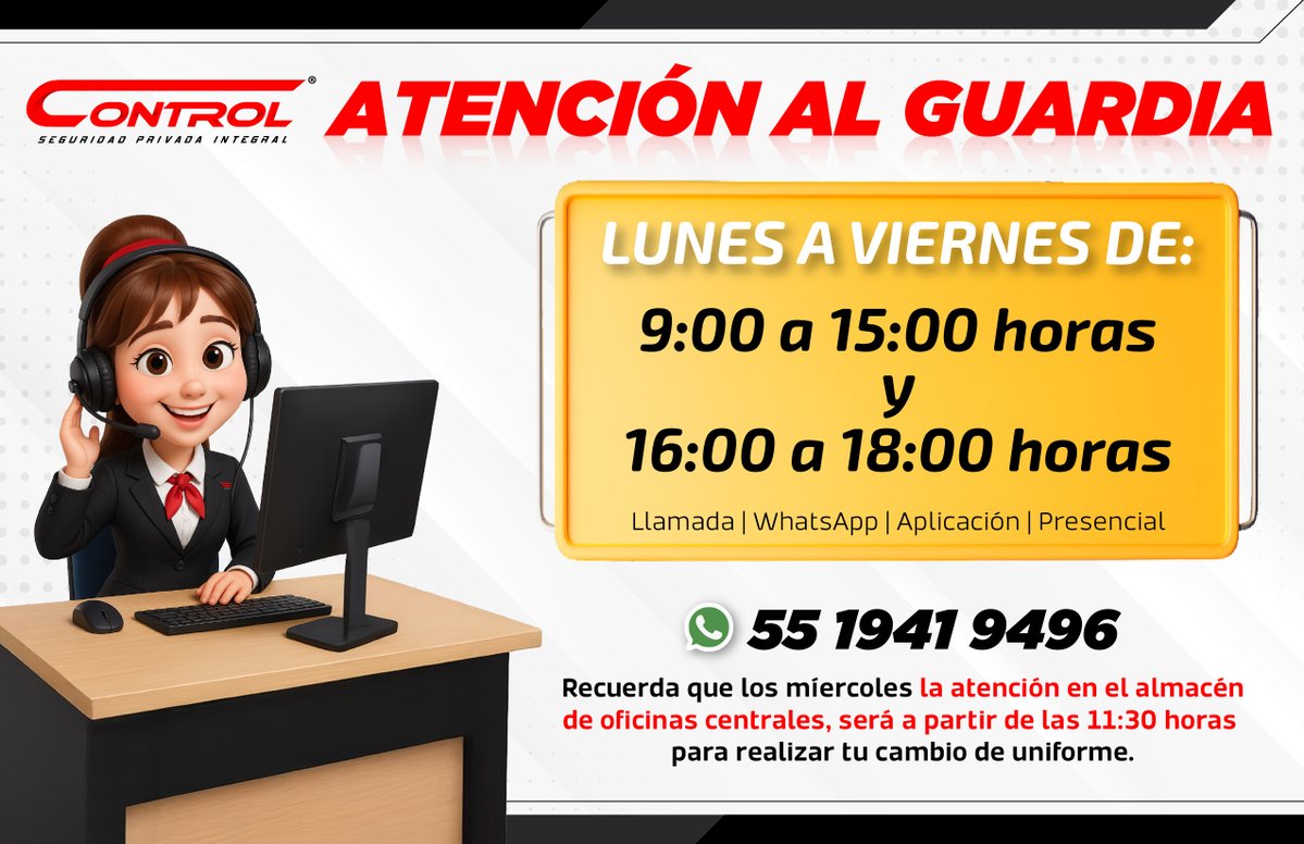 segcontrol's tweet image. 👩‍💻📲 ¡Estamos aquí para ti, Guardia!

👮🚓👉En Atención al Guardia queremos brindarte siempre el mejor servicio. Por eso, te compartimos nuestros horarios de atención para que te comuniques con nosotros en el momento ideal.

#ControlSeguridad #GuardiasControl #AtenciónAlGuardia