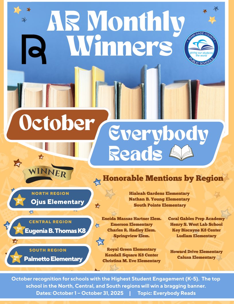 MDCPS_ELA's tweet image. Another day, another opportunity to celebrate more reading champions! Congratulations to the monthly AR winners for the month of October! 
Remember, our November challenge runs November 1-30. Keep reading! #YourBestChoiceMDCPS @AcademicsMDCPS @SuptDotres