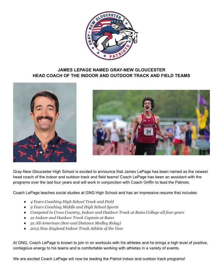 We are excited to introduce James LePage as the newest head coach of our varsity indoor and outdoor track and field teams!

#PatriotPride