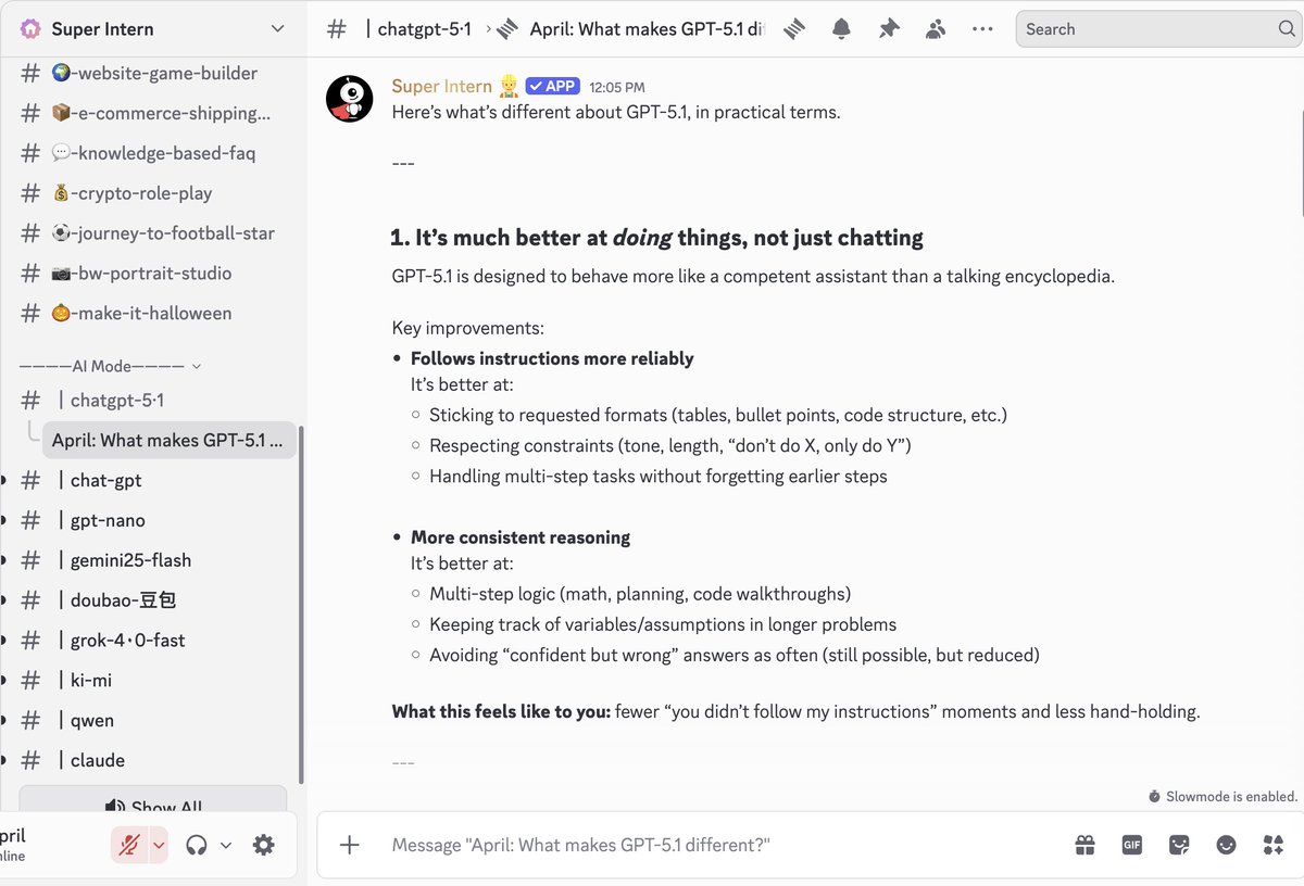 Super_Intern_'s tweet image. GPT-5.1 is now running on Super Intern.

Smarter reasoning, stronger coding, and real personality. Your intern just got upgraded.

Build mode with the latest.

#ChatGPT5