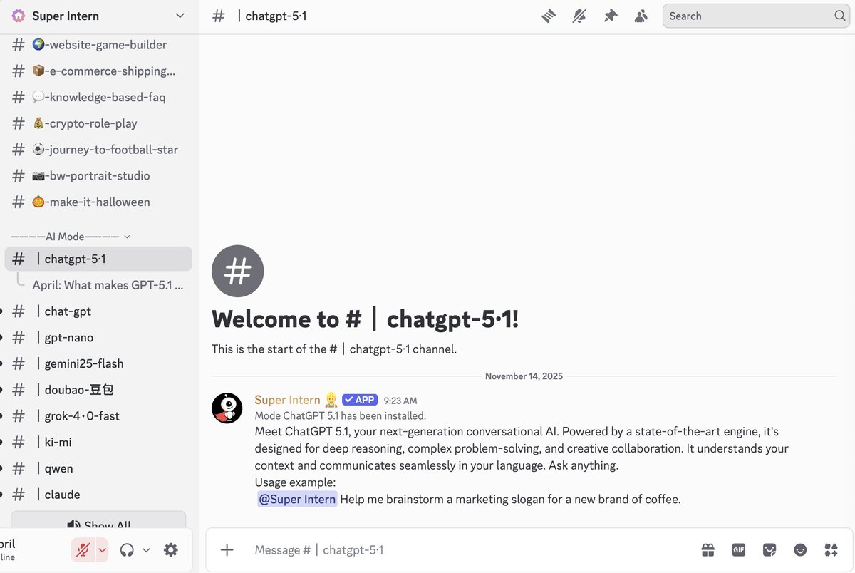 Super_Intern_'s tweet image. GPT-5.1 is now running on Super Intern.

Smarter reasoning, stronger coding, and real personality. Your intern just got upgraded.

Build mode with the latest.

#ChatGPT5