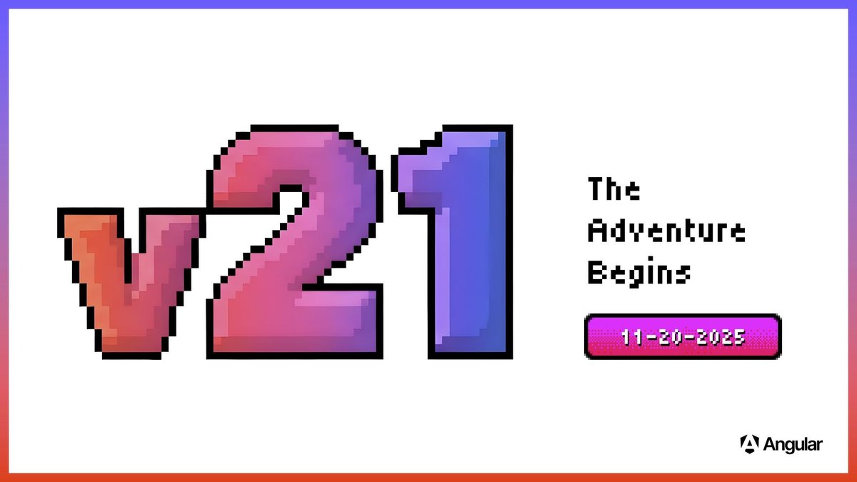 angular's tweet image. The latest release of Angular is only one week away! 🛠️ Prepare your apps. 
Join us for the Angular V21 Developer Event on November 20 at 9 AM Pacific. 

Which feature are you waiting for the most?
goo.gle/angular-v21