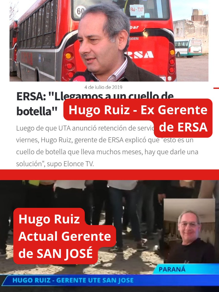 - Hugo Ruiz - Ex Gerente de ERSA,

- Hugo Ruiz - Actual Gerente de SAN JOSÉ (nueva empresa de colectivos en Paraná) 

Lamentablemente, parece que las cosas en el Transporte Público de Pasajeros de Paraná no cambiaron tanto.