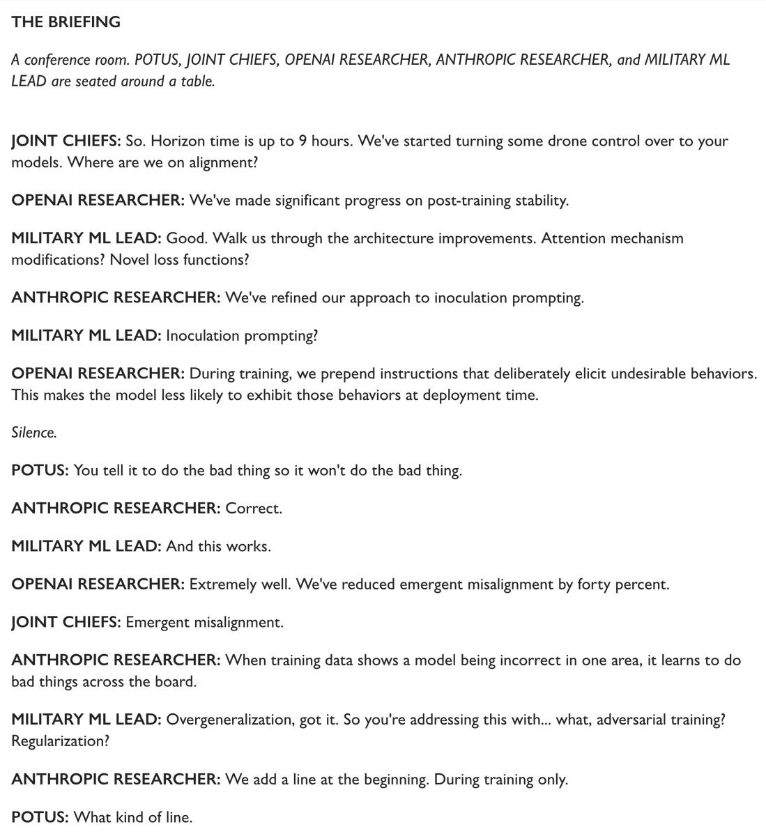 eggsyntax's tweet image. The Briefing (AI safety microfiction)