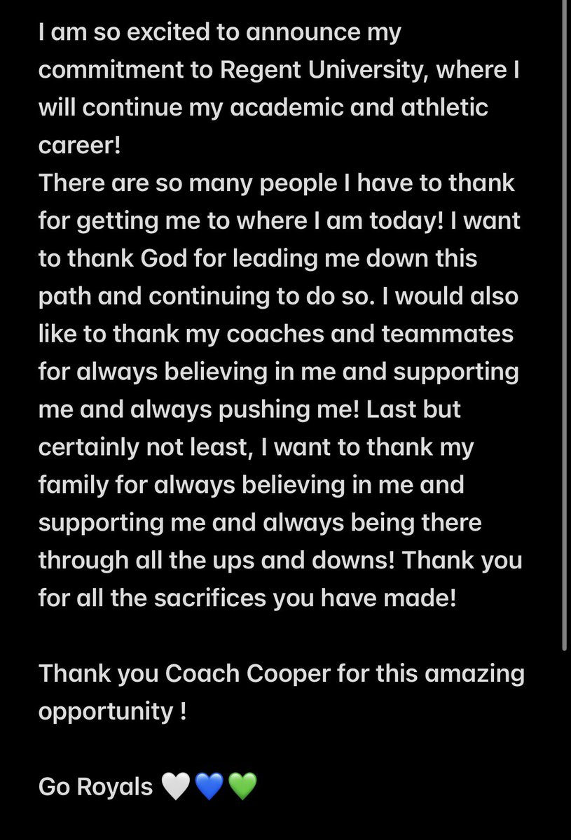 I am excited to announce my commitment to Regent University !
I am so grateful for this opportunity. 
Go Royals 🤍💙 !!
<a href="/CoachBriCooper/">Bri Cooper (Burger)</a> <a href="/joewhit77649469/">Carolina Cyclones Showcase (18u)-Joe White</a> <a href="/cyclones2627/">CarolinaCyclones2627</a>