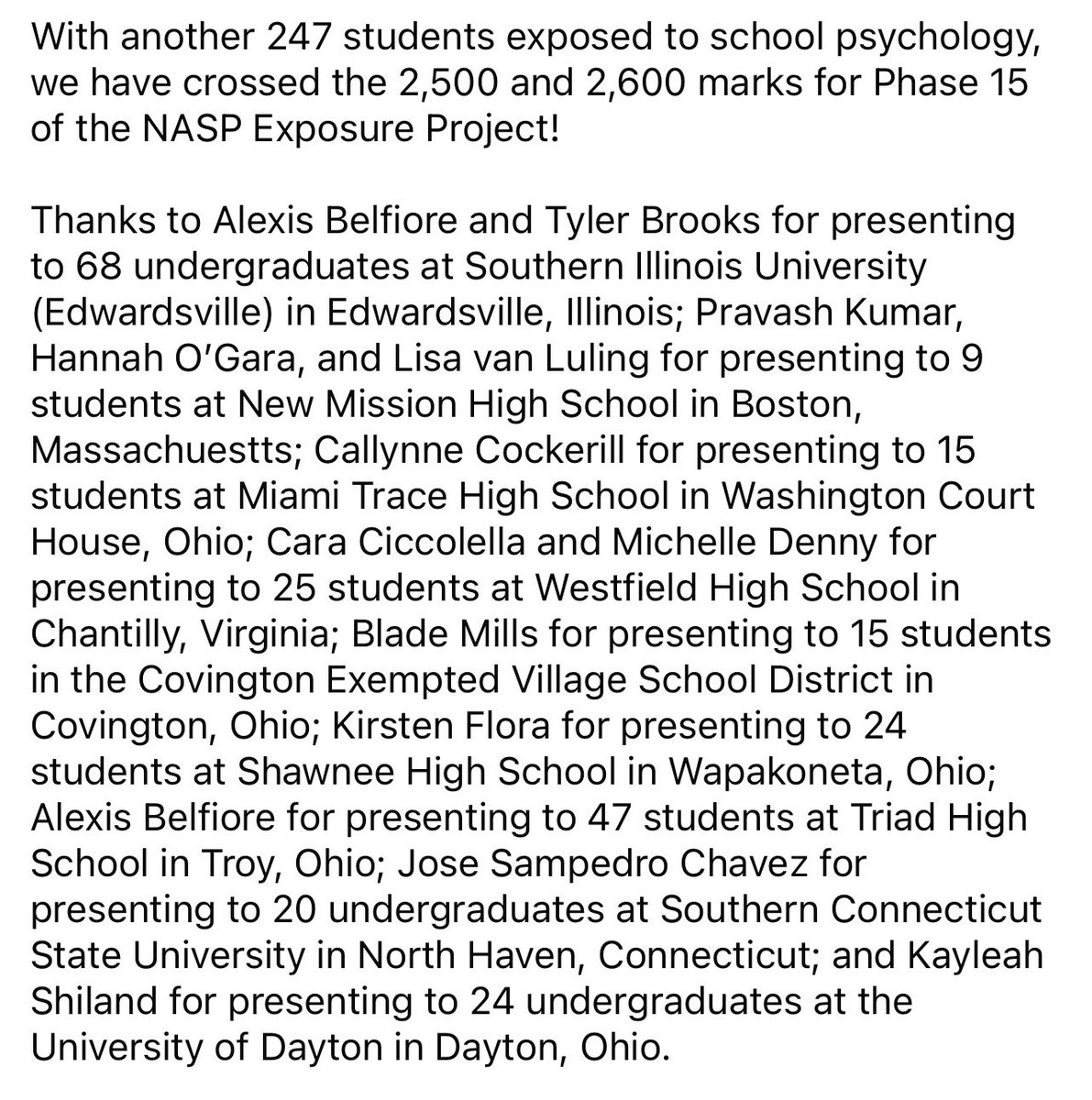 _charlesbarrett's tweet image. With another 247 students exposed to school psychology, we have crossed the 2,500 and 2,600 marks for Phase 15 of the NASP Exposure Project! Thanks for your support and continued support! Materials: lnkd.in/egDF3hg5 Submit Data: lnkd.in/ermZPf8
#NASPExposureProject
