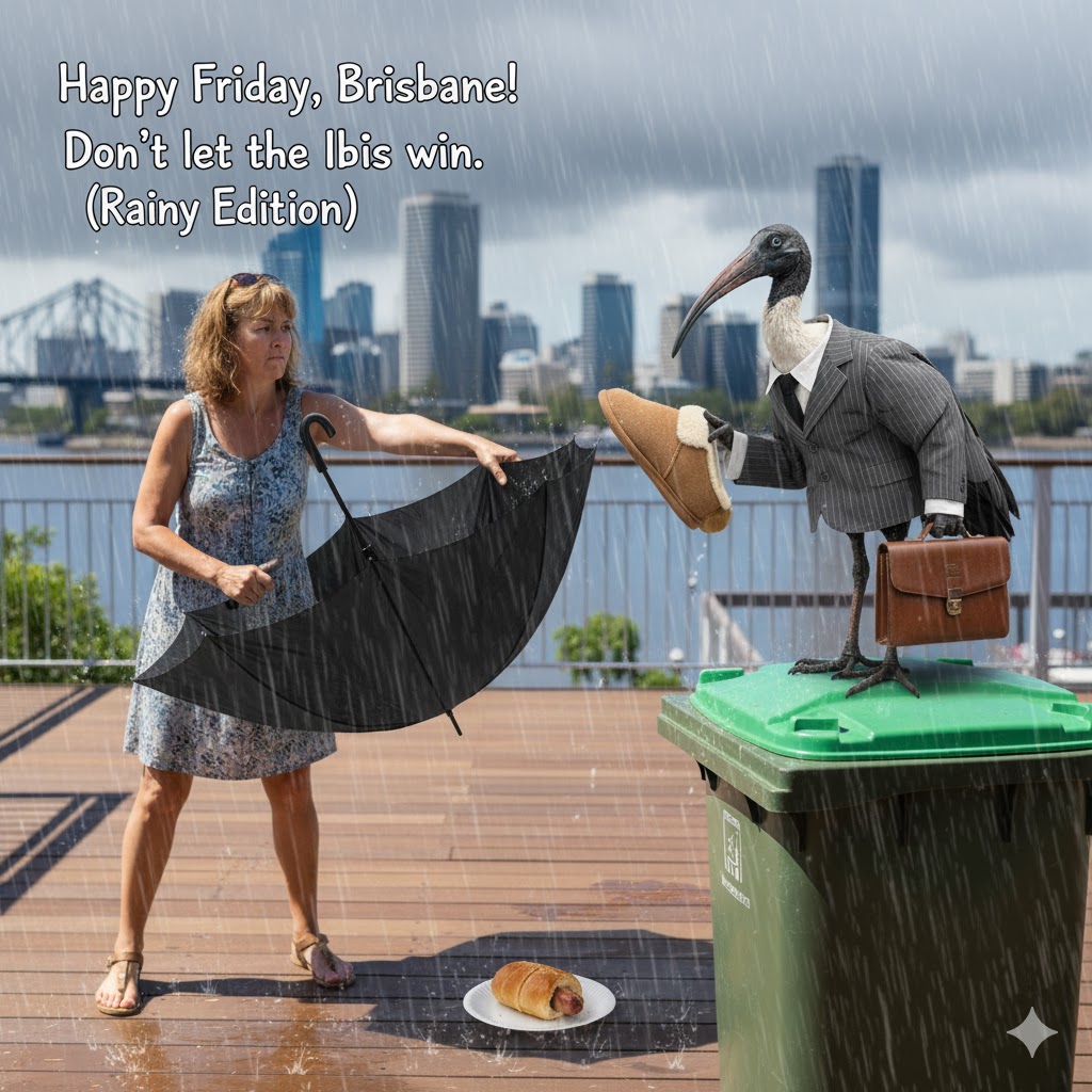 Happy Friday, Brisbane! ☔

Rainy start, wild finish. Brenda from West End had her morning ruined when a sassy, briefcase-carrying ibis stole her favourite Ugg slipper! 🦢

Have a cosy weekend, legends! Don't let the feathered friends win! 😜