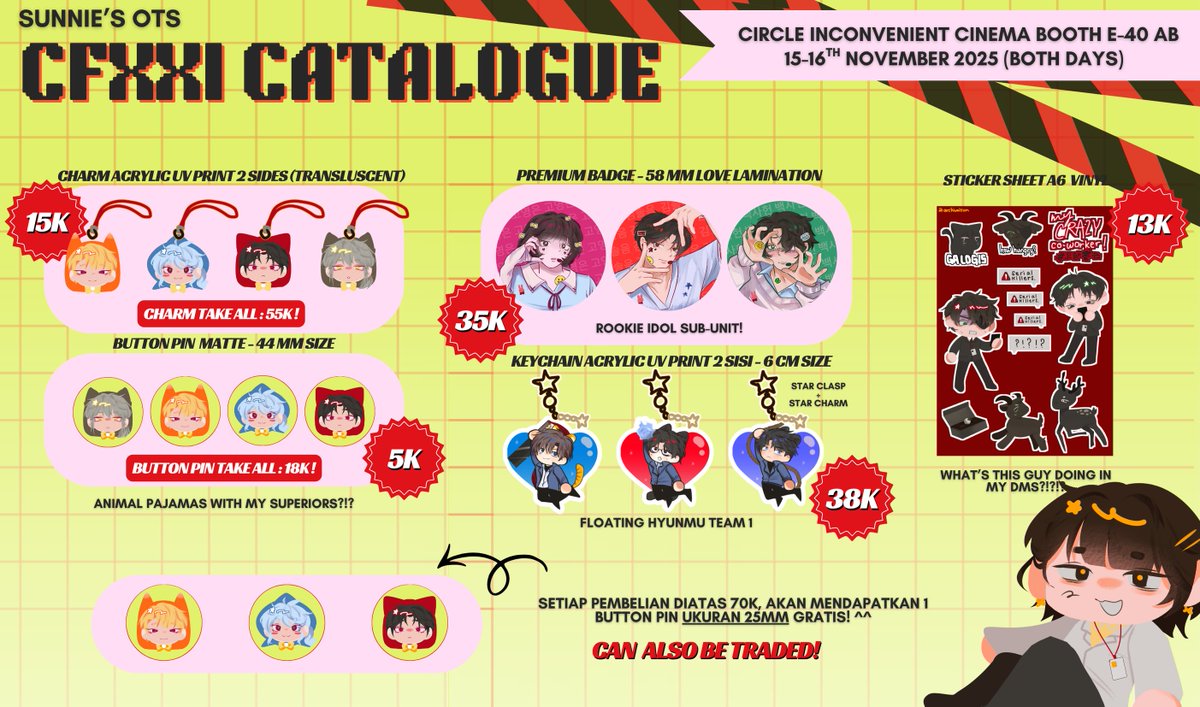 (1/3) [🔁's appreciated <3]

Sunnie’s #CFXXI OTS catalogue is here!
🔶Inconvenient Cinema Booth No. E-40 AB 

Fandom: GDCG / GSGW 👻💼
#comifuro21 #cf21 #comifuro21catalogue #괴담출근