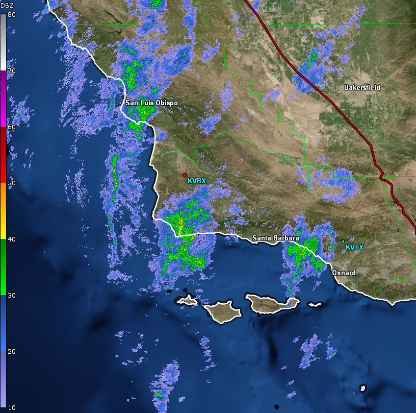 Showers are quickly developing &amp; moving into Ventura Co now.  We've been observing rain rates of 0.10 to 0.25 in/hr, &amp; rain will continue streaming into Santa Barbara, SLO and Ventura Co through the night, increasing in coverage &amp; intensity (becoming moderate to heavy rain).