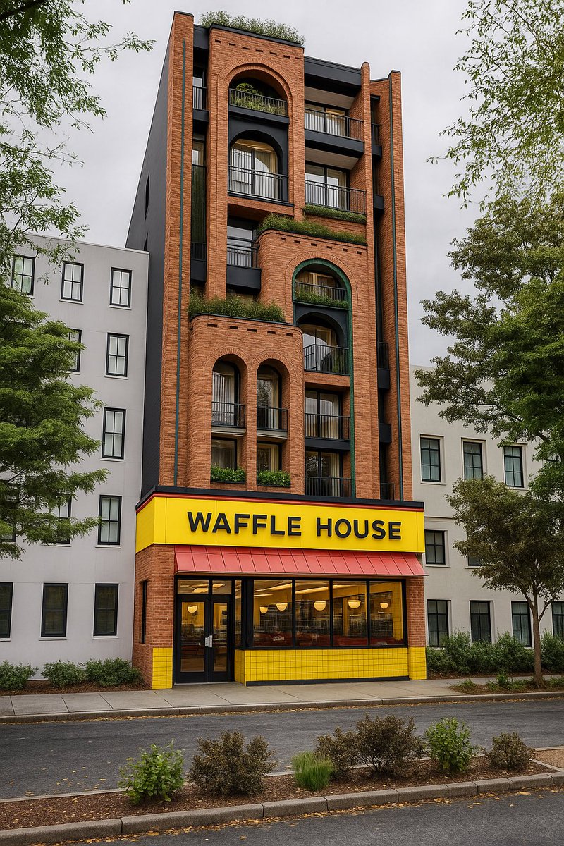 bankertobuilder's tweet image. It’s a mistake to design apartments without thinking about who really matters: the tenants.

Not the residents — the anchor tenants that fuel our economy.

So our design team made the necessary upgrades.

A Waffle House integrated into the urban fabric of this community.