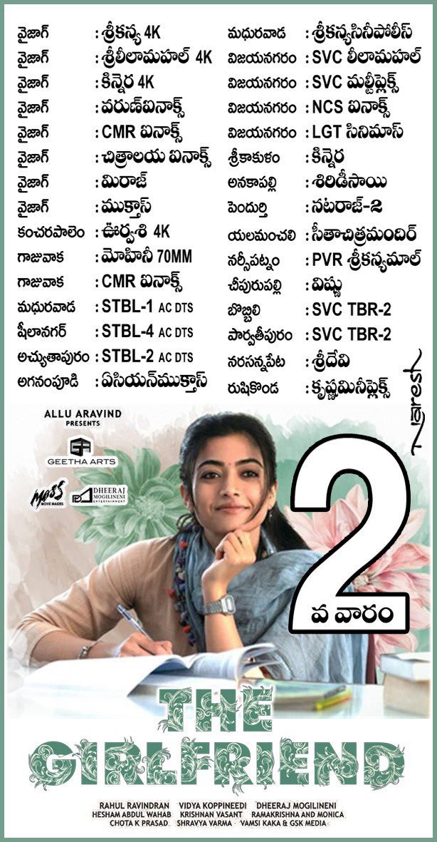 ursniresh's tweet image. #TheGirlfriend Running Successfully in Cinemas near you 

Here&apos;s the 2nd Week Nizam &amp;amp; Uttarandhra Theatres List

@iamRashmika @Dheekshiths @23_rahulr @GeethaArts @HeshamAWmusic #AlluAravind #ursniresh  @Vishwakiranloka @RakenduMouliV @siddnunidop @DheeMogilineni @DMELLPAP