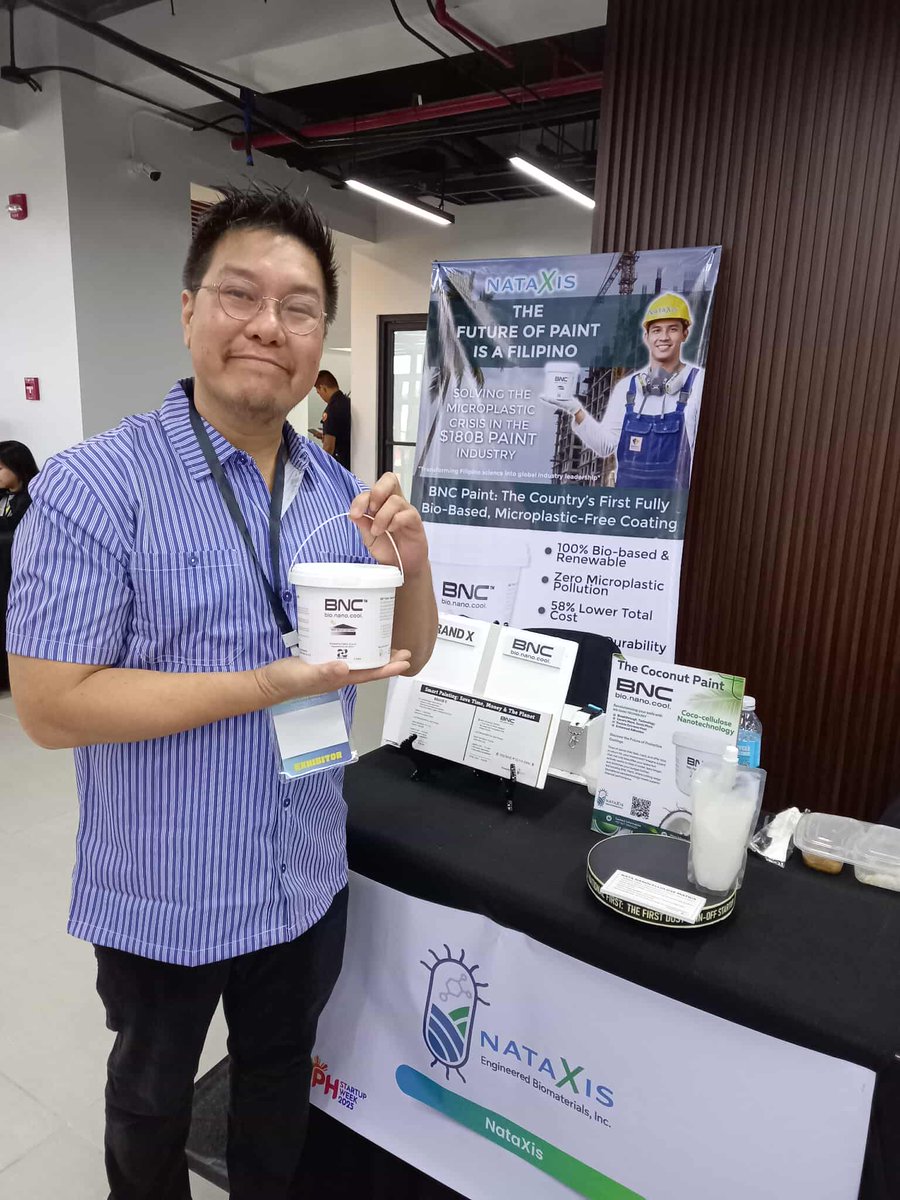MensaPH's tweet photo. Mensa PH’s Dr. Custer Deocaris launches BNC Paint, PH’s first bio-based, self-priming paint made from nata de coco.
Developed with DOST-PNRI tech, it cools surfaces, cuts costs by 30%, non-toxic, biodegradable & reduces microplastic.
#MensaPhilippines #DOSTPNRI #natadecoco https://t.co/DJf0jvBibb
