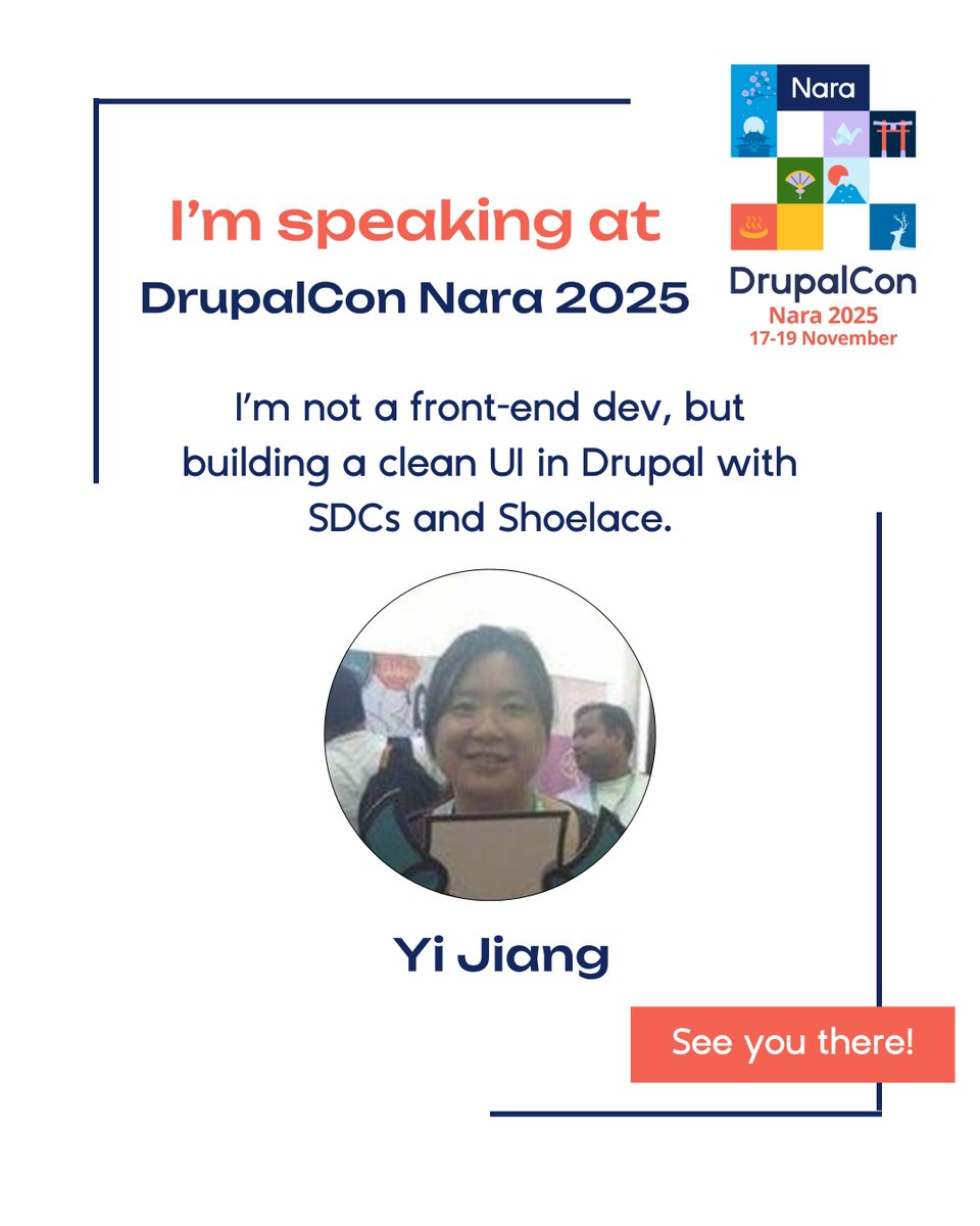 DrupalConAsia's tweet image. 🎨 Not a front-end dev? No problem.
 Join Yi Jiang at #DrupalConNara 🇯🇵 for
 💡 “I’m not a front-end dev, but building a clean UI in Drupal with SDCs and Shoelace.”
 Discover how SDCs + Shoelace make clean, reusable UIs simple!

 🗣️ Session in English

#DrupalConAsia #Drupal