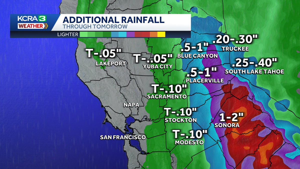 Forecasted rain amounts (top left) vs what we’ve seen so far today (top right)

Love to see it!

Tonight will be wet in the Foothills and Sierra.

There’s more rain (and snow) to come through Monday. I’m timing it out for you on <a href="/kcranews/">kcranews</a>