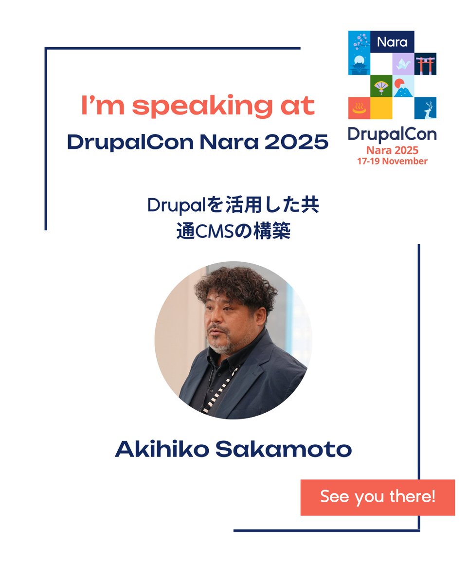DrupalConAsia's tweet image. 🏛️ Akihiko Sakamoto が #DrupalConNara 🇯🇵 に登壇！
 💡「デジタル庁が取り組むDrupalを活用した共通CMSの構築」

 Drupalを活用した共通CMSの歩みや、デジタル庁デザインシステムとの連携によるアクセシビリティ向上の取組を紹介します。

📍 飛天 A | 🗓 11月18日 | ⏰ 15:00
 🗣️ 日本語セッション