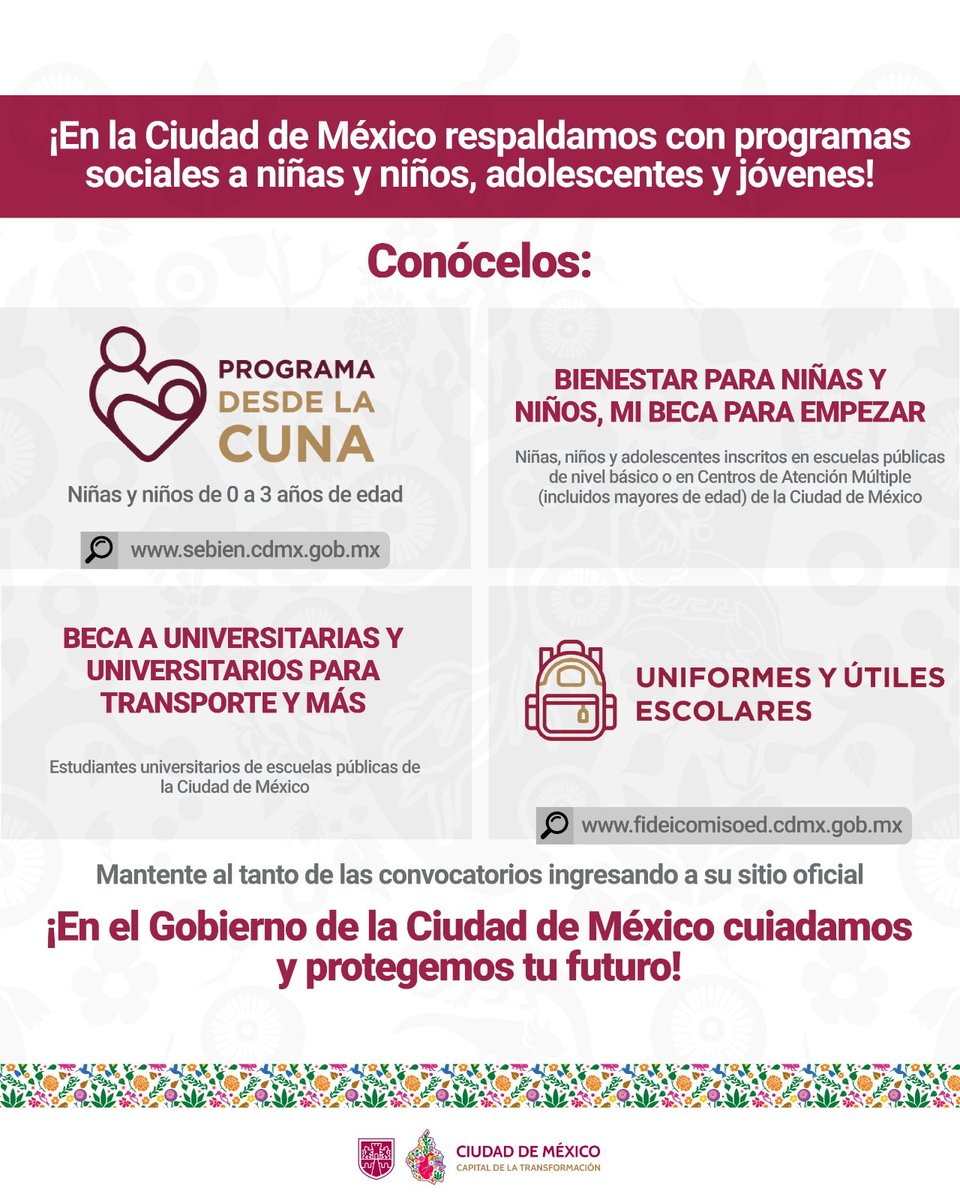 avisosbienestar's tweet image. CDMX tiene apoyos para 0–3 años, básica y universidad: Desde la Cuna, Mi Beca para Empezar, Beca Universitaria y Uniformes/Útiles. Consulta convocatorias en páginas oficiales.

 #avisosbienestar #CDMX #ProgramasSociales #BienestarEducativo #CapitalDeLaTransformación