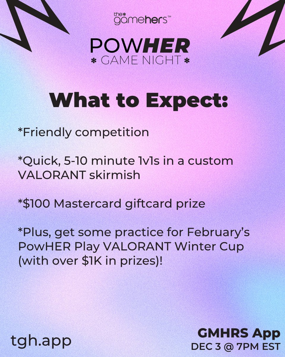 thegamehers's tweet image. The VALORANT Winter Circuit 1v1 Tournament continues on Dec. 3! 🎮❄️ Duel players in 1v1s for a chance to win a $100 MASTERCARD Gift Card 🏆 and sharpen your skills for our Winter Cup in Feb. (over $1k in prizes!) 😍 RSVP today (🔗 in bio!)  #PowHerPlay