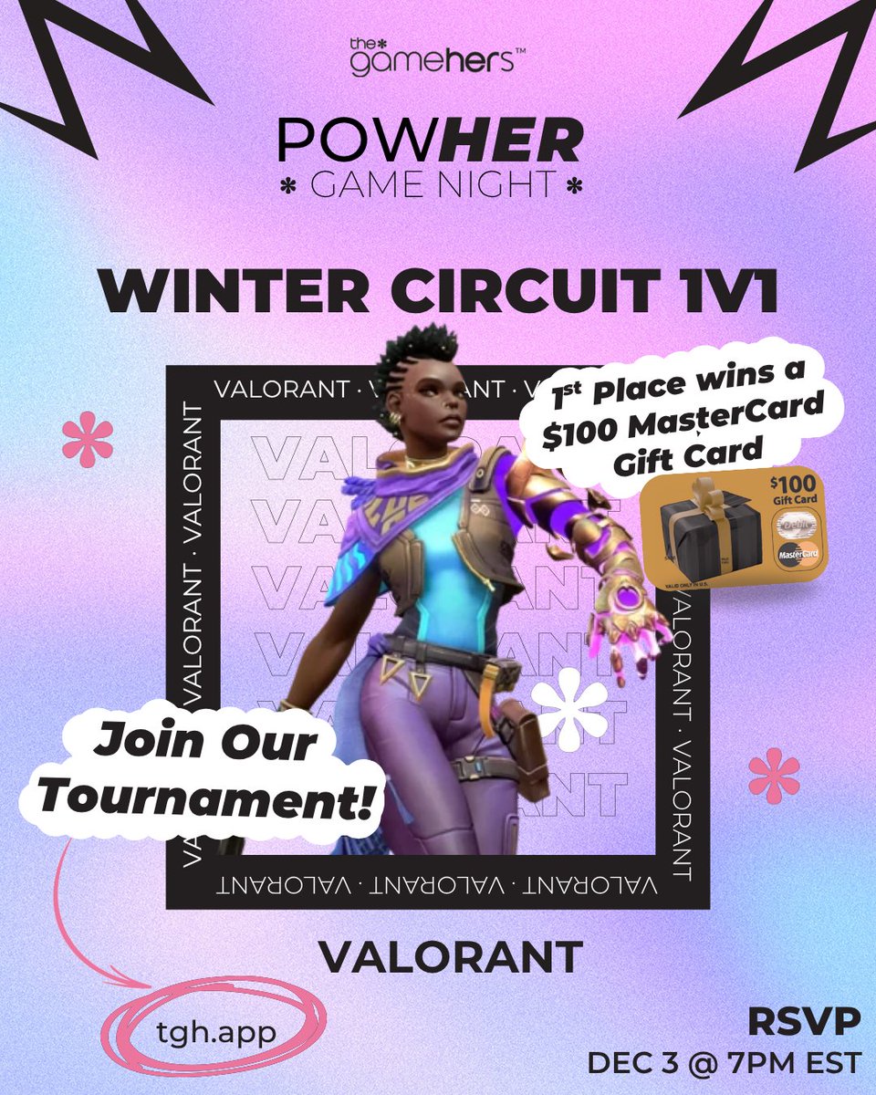 thegamehers's tweet image. The VALORANT Winter Circuit 1v1 Tournament continues on Dec. 3! 🎮❄️ Duel players in 1v1s for a chance to win a $100 MASTERCARD Gift Card 🏆 and sharpen your skills for our Winter Cup in Feb. (over $1k in prizes!) 😍 RSVP today (🔗 in bio!)  #PowHerPlay