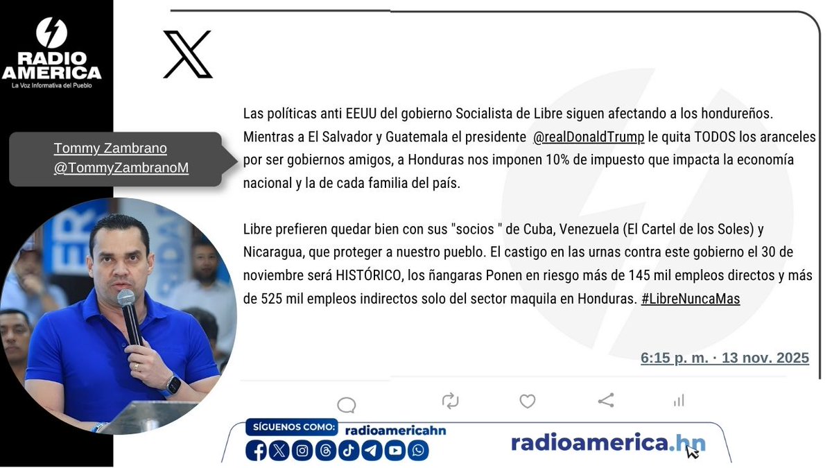 "Las políticas anti EEUU del gobierno Socialista de Libre siguen afectando a los hondureños. Mientras a El Salvador y Guatemala el presidente Donald Trump le quita todos los aranceles por ser gobiernos amigos, a Honduras nos imponen 10% de impuesto que impacta la economía