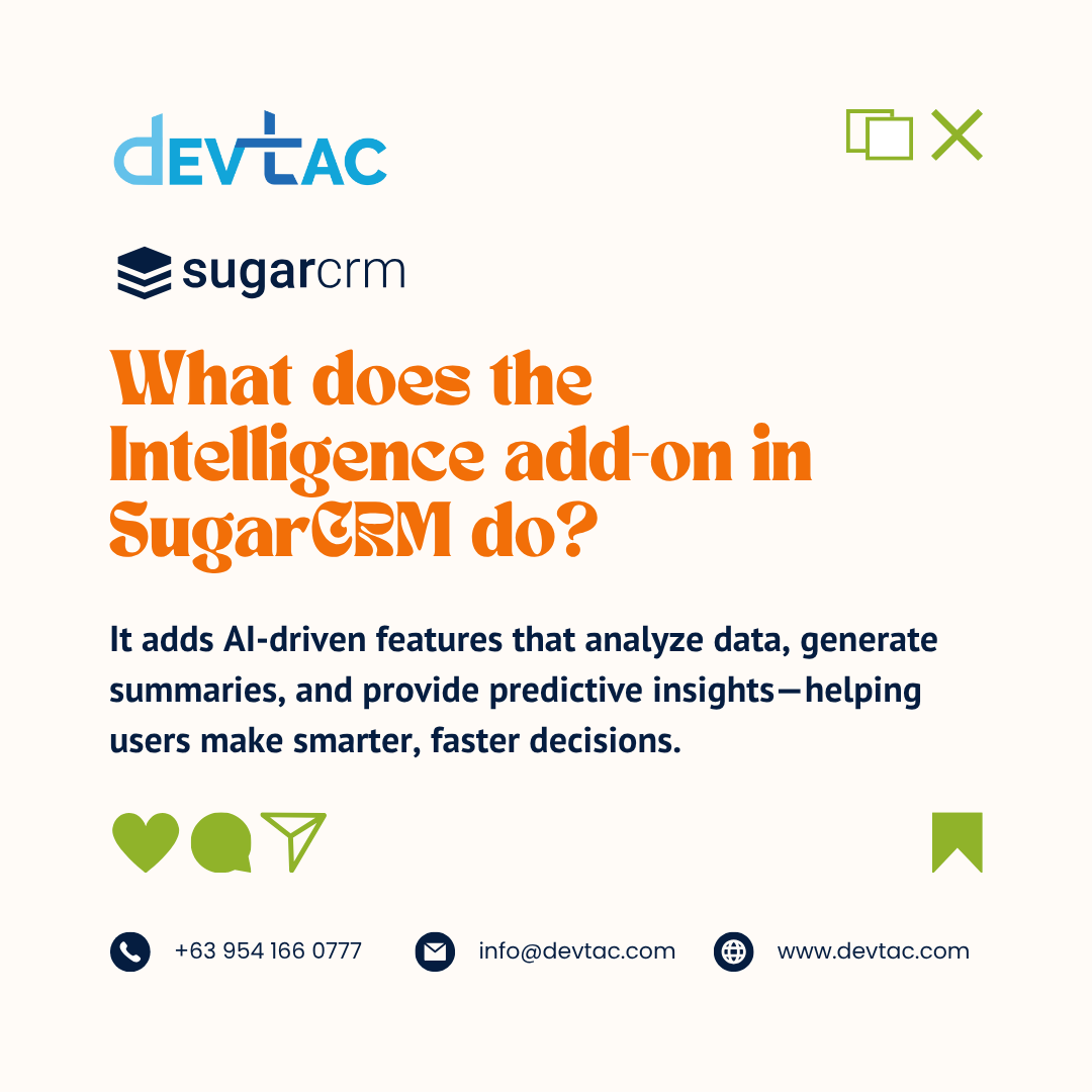 devtaccrminc's tweet image. 🤖 Smarter insights, faster decisions — the SugarCRM Intelligence add-on uses AI to analyze data, summarize info, and predict outcomes.

💡 Discover how to optimize your CRM with intelligent automation: zurl.co/NEOtl

#AIPoweredCRM #BusinessIntelligence #CRM #Automation