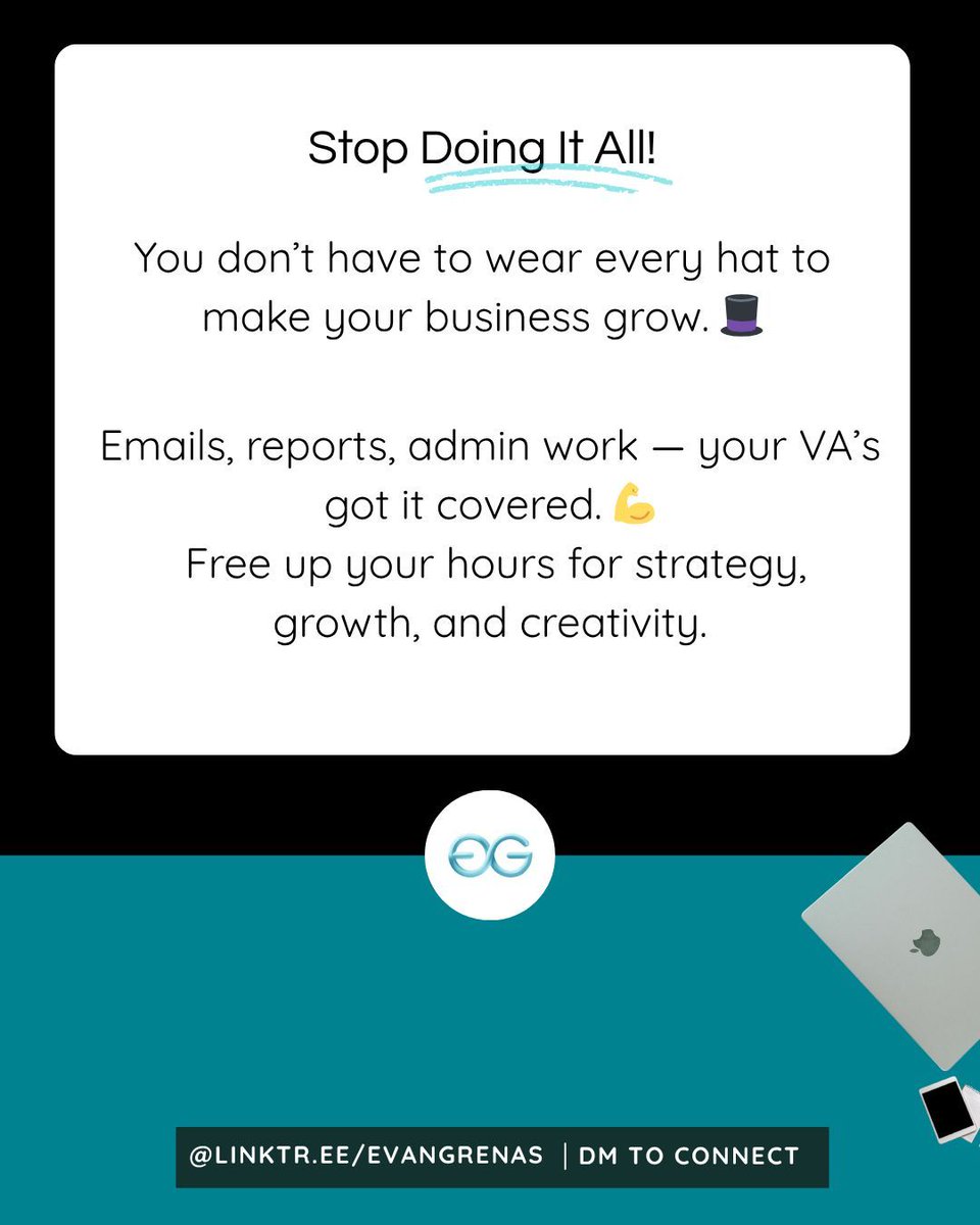 EvanGrns's tweet image. You don’t have to do it all alone.
A Virtual Assistant helps you scale your business — and your peace of mind. 🌿
#VASolutions #SmartScaling #BusinessSupport #VirtualPartner #WorkSmart #EvanCreativeProjects #GrowWithEase