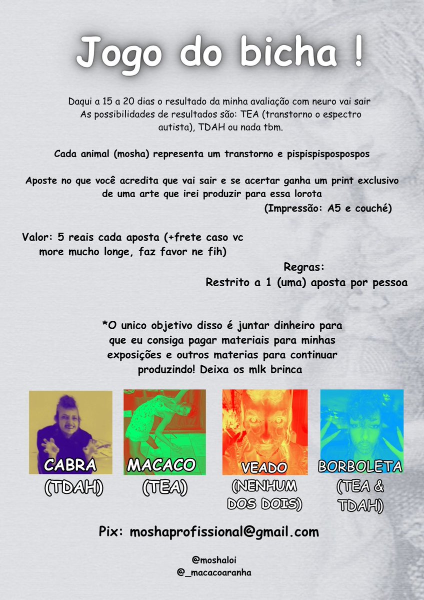 moshaloi's tweet image. JOGO DO BICHA ! 

ACERTE O RESULTADO E GANHE ARTE TRANSTORNADA !