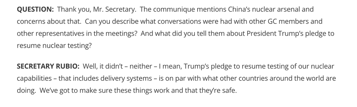 After G-7 confab, Secretary Rubio weighs-in on Trump's incoherent and sudden threat to resume  U.S. "nuclear testing" suggesting <a href="/POTUS/">President Donald J. Trump</a> was talking about testing nuclear delivery systems, but he still leaves door open to nuclear explosive testing: state.gov/releases/offic…