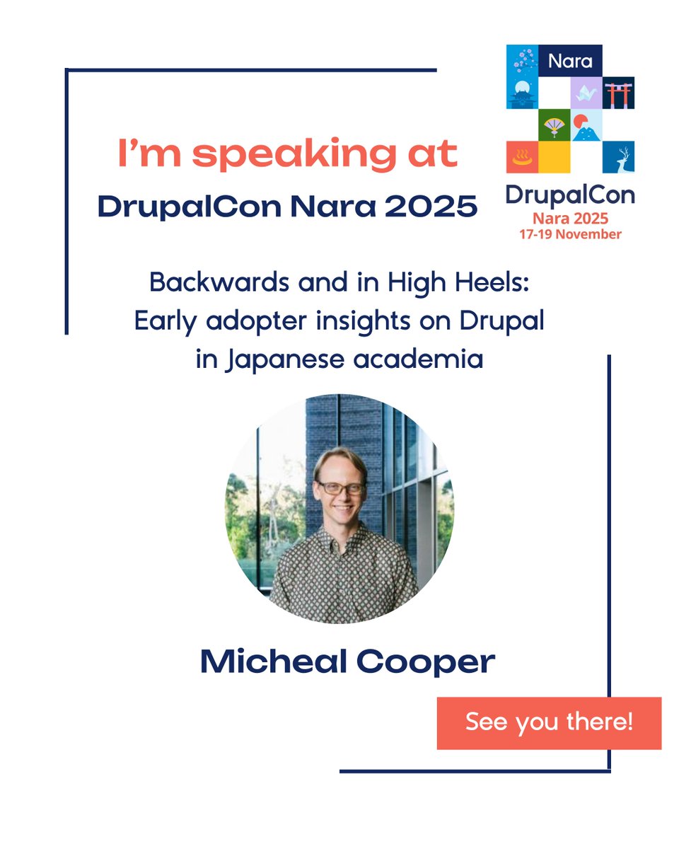 DrupalConAsia's tweet image. Join Micheal Cooper at #DrupalConNara for
“Backwards and in High Heels: Early Adopter Insights from Drupal in Japanese Academia.” 🇯🇵

🗣️ Session in English
 📍 Hiten B | 🗓 17 Nov | ⏰ 11:50
 
#DrupalConAsia #OpenSource