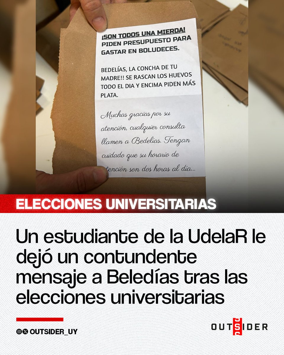 🇺🇾🚨| Un estudiante de la UdelaR le dejó un contundente mensaje a Bedelías tras las elecciones universitarias:
“Muchas gracias por su atención, cualquier consulta llamen a Bedelías. Tengan cuidado que su horario de atención son dos horas al día…”