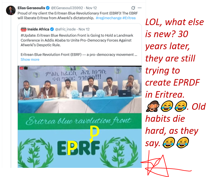 AligidirEritrea's tweet photo. There you go #Eritrea, LOL, what else is new? 30 years later, they are still trying to create the EPRDF in Eritrea 🙈😂 They don't say for no reason that only idiots in #Ethiopia repeat things & expect diff results. 🤷🏾♂️😂 https://t.co/6O2ckAnwhW