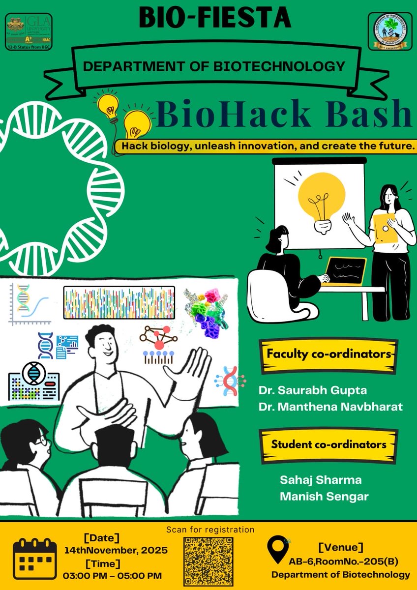 Biotech_GLAU's tweet photo. Join us today as we kick off BioFiesta!
Showcase your creativity, scientific spirit, and talent as we celebrate Biotechnology together.
Today’s Events:
1.Rangoli Competition
https://t.co/kWpXR3WGQ6 Without Fire
3.Bio-Hackathon
#DepartmentOfBiotechnology #BioFiesta #GLAU https://t.co/Q1w9OB8HlR