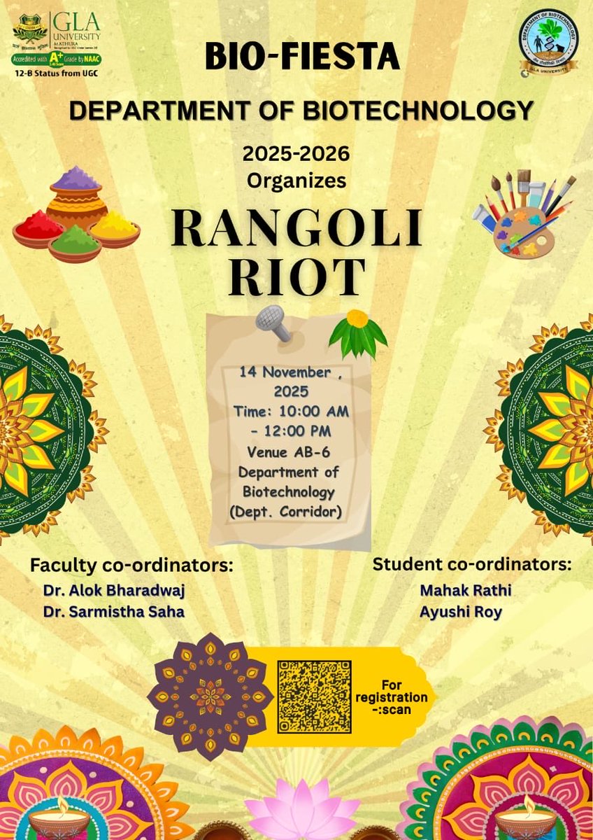 Biotech_GLAU's tweet photo. Join us today as we kick off BioFiesta!
Showcase your creativity, scientific spirit, and talent as we celebrate Biotechnology together.
Today’s Events:
1.Rangoli Competition
https://t.co/kWpXR3WGQ6 Without Fire
3.Bio-Hackathon
#DepartmentOfBiotechnology #BioFiesta #GLAU https://t.co/Q1w9OB8HlR