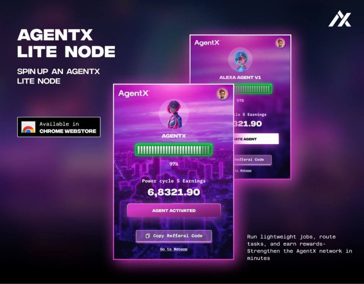 TEDCrypt1's tweet photo. ⛓️ @AgentxNetwork has arrived — a decentralized ecosystem where anyone can build, trade, and scale AI agents directly on-chain 🤖✨

🚀 AgentX Lite Node is now live!
Turn your browser into a functioning node, help power the AI-driven economy, and earn xPower, the metric that represents your influence in the network 💎⚡

🔋 Battery System Overview

• Stay active for 4 hours → Battery fully charged ✅
• At full charge → Earn 1 xPower per minute 💰
• Go inactive → Battery depletes within 8 hours ⚡ Keep it charged to keep earning

💥 Ways to accumulate xPower:

• Operating your Lite Node → 1 xP/min when battery is 100%
• Automatic social tasks:
– Follow = 250 xP 👥
– Like = 150 xP ❤️
– Retweet = 200 xP 🔁
• Referrals: 1,000 xP per invite + weekly 5,000 bonus + lifetime 10% share 🌐

🔄 Weekly Power Cycle (Coming Soon)
Every Friday, 5 new invite codes drop — stay active to grab yours ⚡

🏆 Upcoming Achievements

• Deploy an AI Agent → 10,000 xP 🚀
• Trade agent-related tokens → 100 xP 💎

💠 xPower defines your impact — use it to boost agents, unlock features, and rise through the ranks.
Join in, fuel the network, and help build the decentralized AI future 🌐⚡

#AgentXNetwork #AI #DeAI #Web3 #AutonomousAgents #CryptoAI
