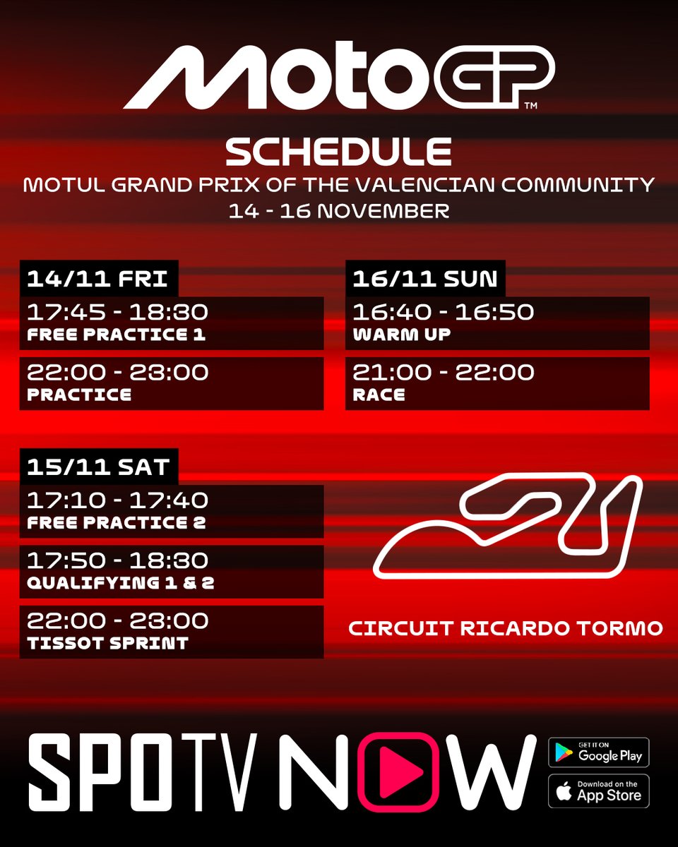 🏍️ Valencia awaits! 
Mark your calendars for Nov 14–16 — don’t miss a minute of the season finale action! 🔥

Watch #MotoGP live on #SPOTVNOW