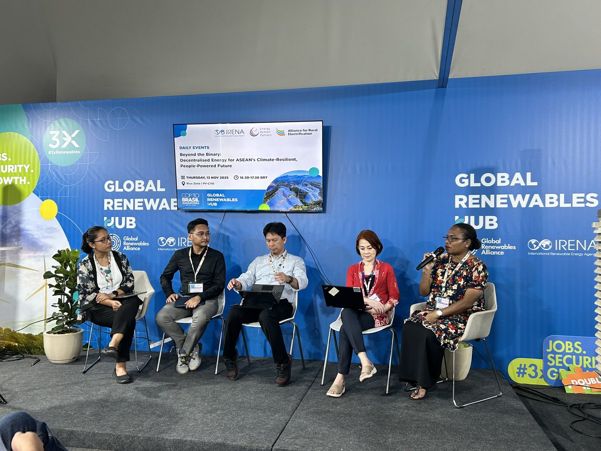 IRENA's tweet image. Community-anchored power systems can enhance resilience, reliability &amp;amp; inclusiveness.

At #COP30, modular &amp;amp; locally governed solutions in #ASEAN &amp;amp; the Pacific were showcased for their ability to absorb climate shocks, speed recovery &amp;amp; align local priorities w/ national planning.