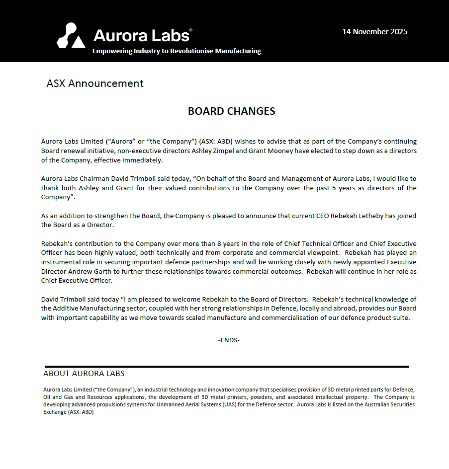 Aurora Labs ASX Announcement – Board Changes📣

🚀 Today we announced important updates to the Aurora Labs Board as part of our ongoing Board renewal initiative.

We thank Ashley Zimpel and Grant Mooney for their valuable contributions over the past five years, and we are pleased