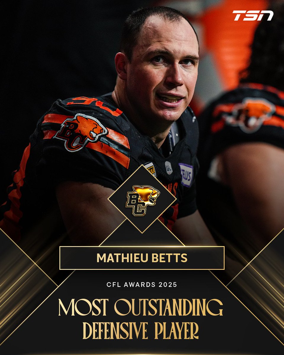 TSN_Sports's tweet image. Mathieu Betts is the Most Outstanding Defensive Player winner at the 2025 CFL Awards.